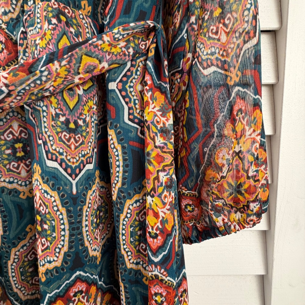 LOFT Midi Dress XL Teal Medallion Print Ruffle Split Neck Long Sleeve NEW - Picture 7 of 16